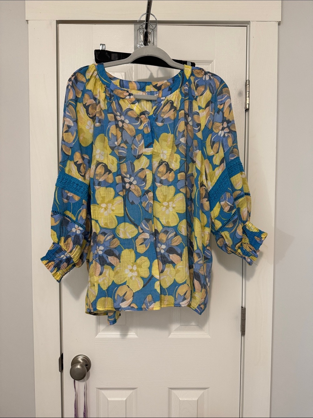 Women’s Floral Blue and Yellow Peasant Blouse